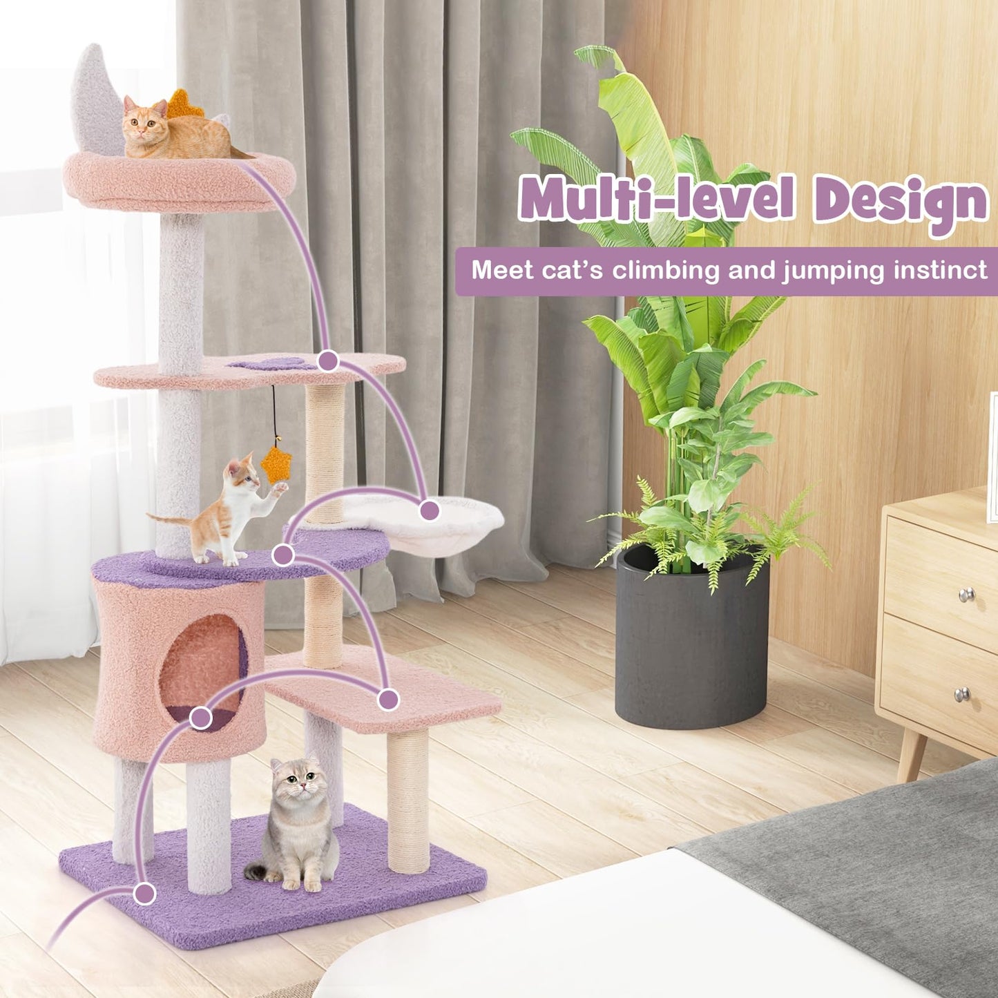 140cm Tall Multi-level Cat Climbing Tower with Sisal Covered Scratching Posts