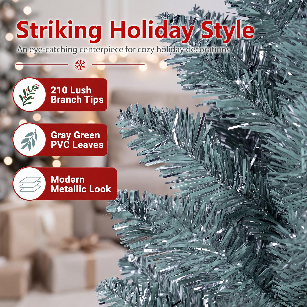 5FT/6FT/7FT Green Pencil Slim Christmas Tree, Traditional Artificial Pine Xmas Tree