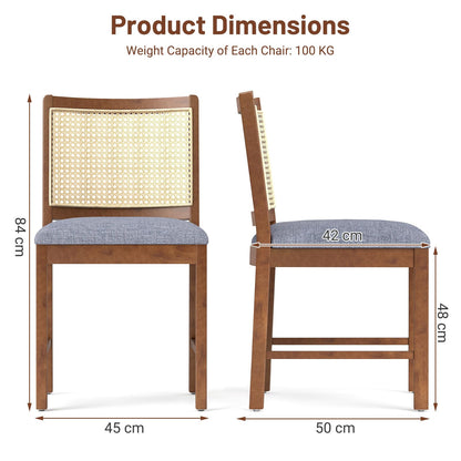Rattan Dining Chair Set of 2 with Rubber Wood Frame and Linen Fabric Padded