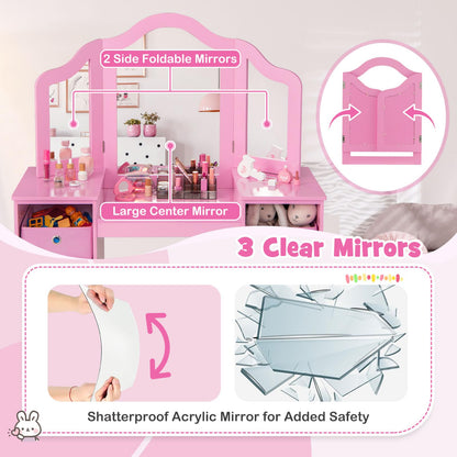 Kids Vanity Set with Tri-Folding Detachable Mirror and 4 Storage Bins