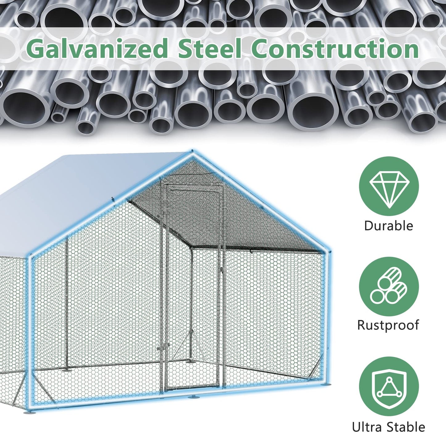 Galvanized Metal Walk-in Large Chicken Run Coop with Waterproof & Sun-protective Cover