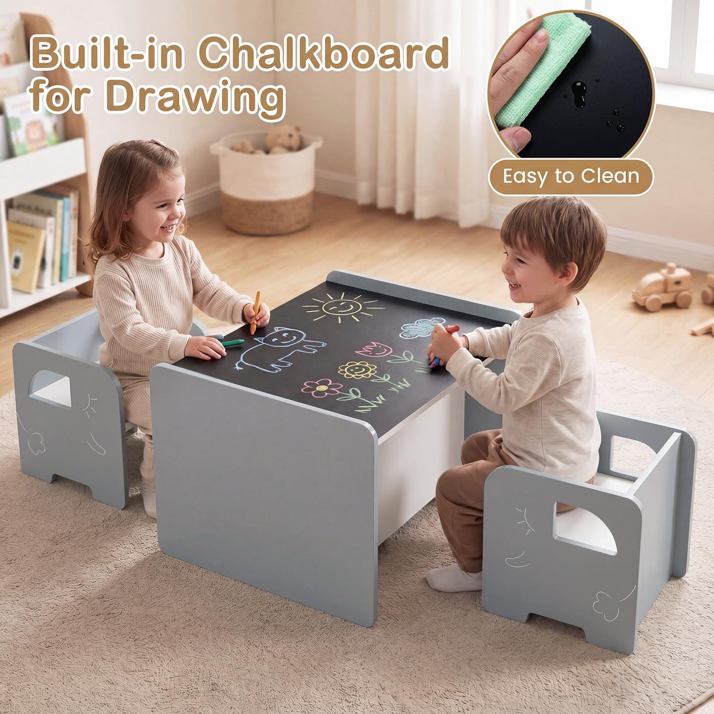 3 Pieces Kids Table and Chair Set with Chalkboard for Home