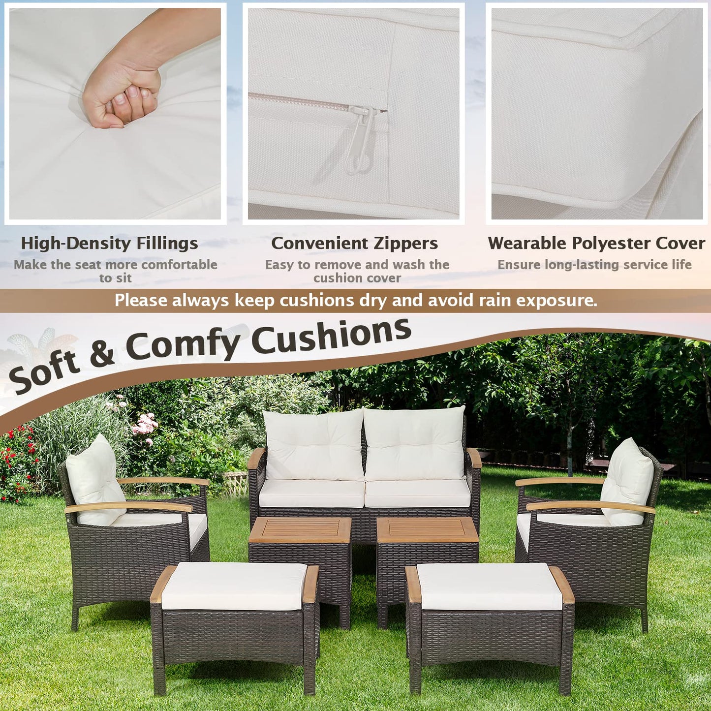 7 PCS Garden Rattan Furniture Set for Yard Poolside