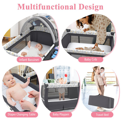 5 in 1 Portable Pack and Play with Bassinet and Mattress