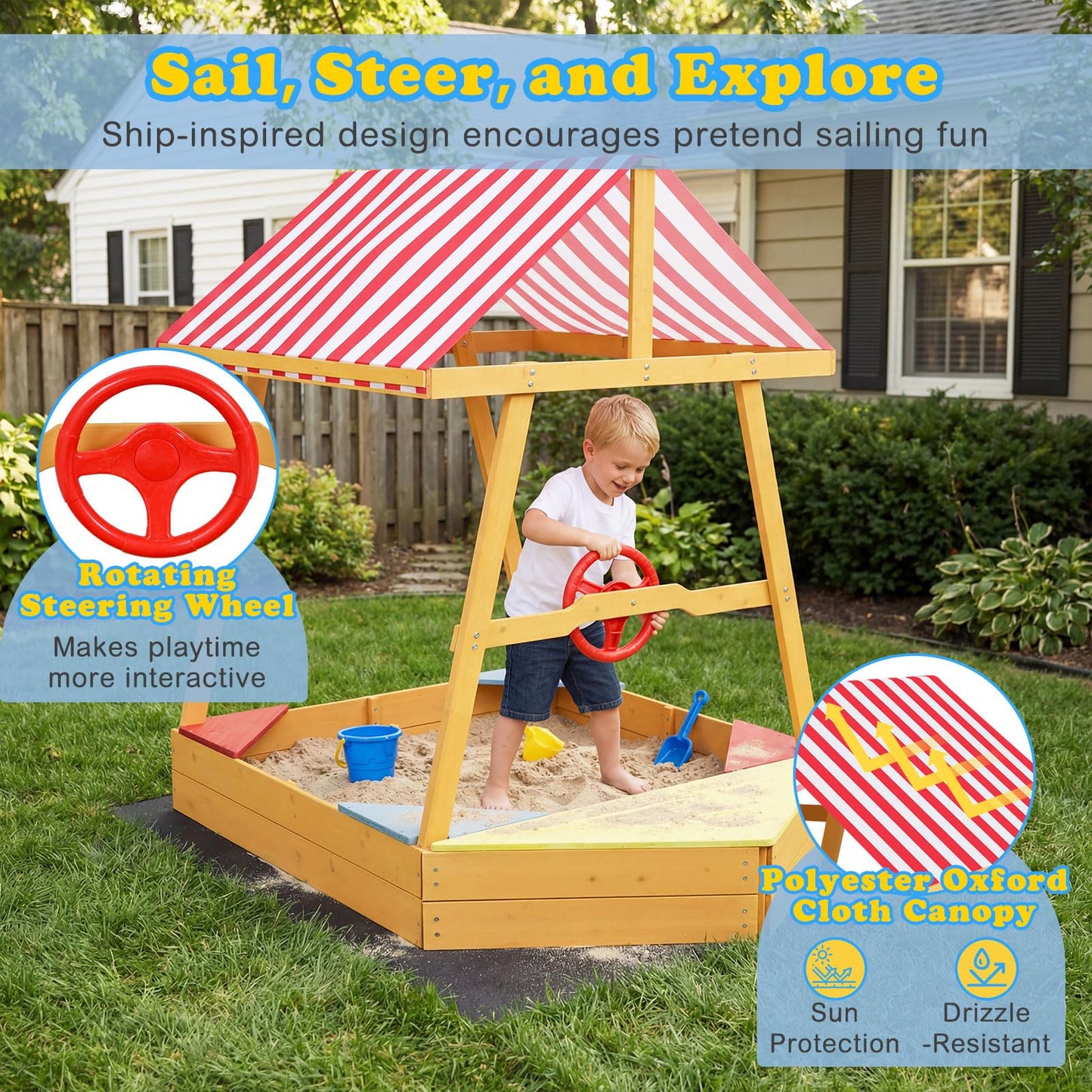 Wooden Kids Sandpit, Ship-Shaped Sandbox Sand Boat with Canopy, 4 Corner Seats