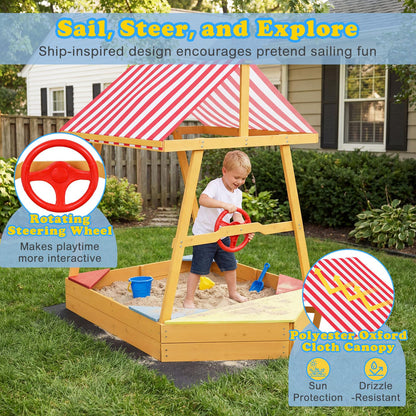 Wooden Kids Sandpit, Ship-Shaped Sandbox Sand Boat with Canopy, 4 Corner Seats