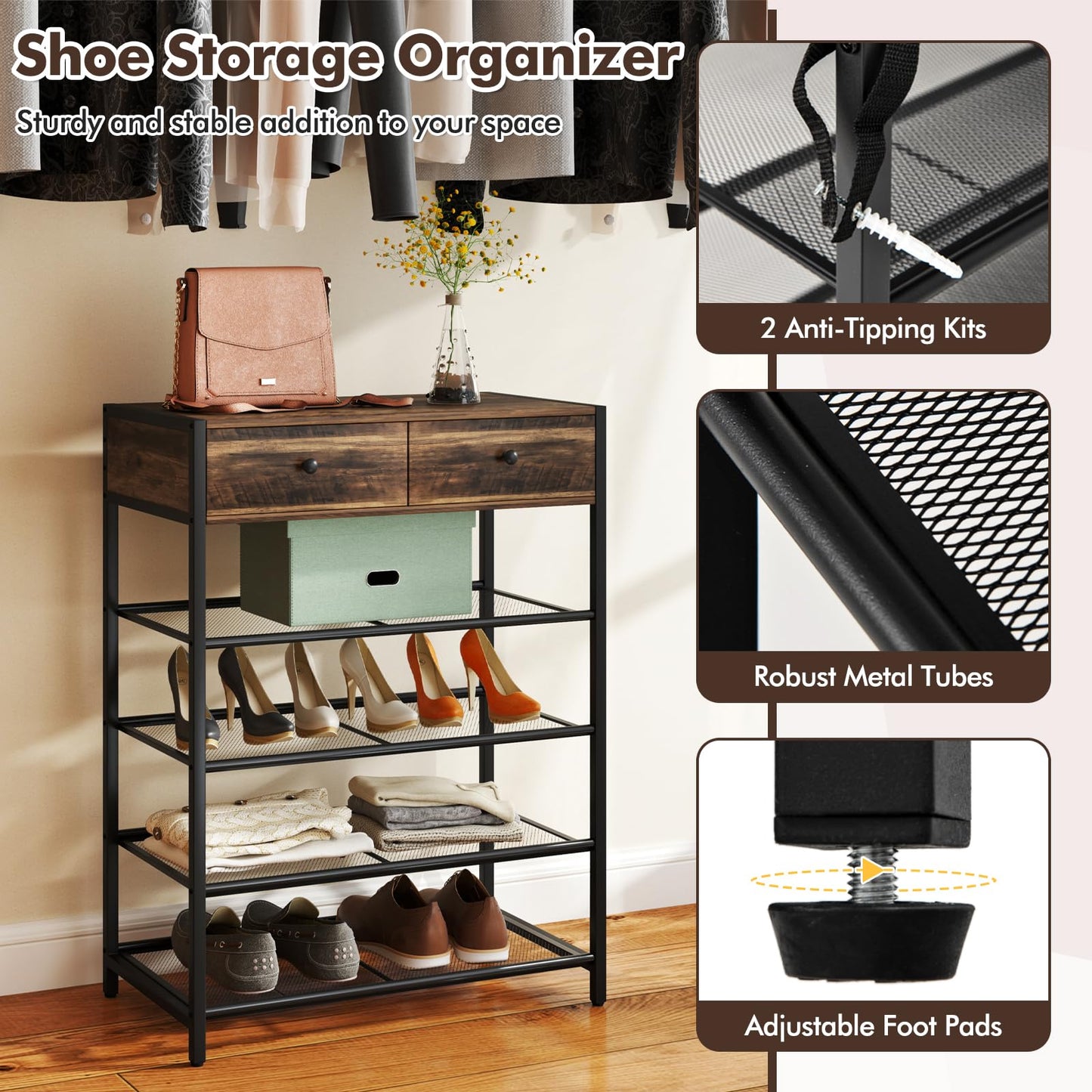 Coat Rack Shoe Stand Set with Wall-Mounted Coat Rack and Drawers