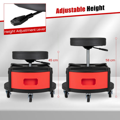 Height-Adjustable Rolling Mechanic Stool with Cushioned Seat Tool Tray for Repair Shop
