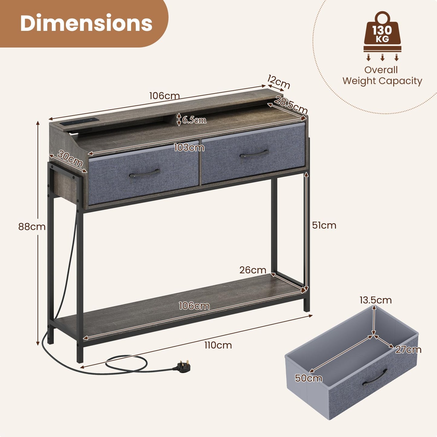 Console Table with Charging Station 110cm Entryway Table with 2 Drawers