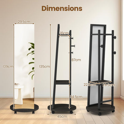 Coat Rack with Full Length Mirror Freestanding Coat Tree with 3 Hooks