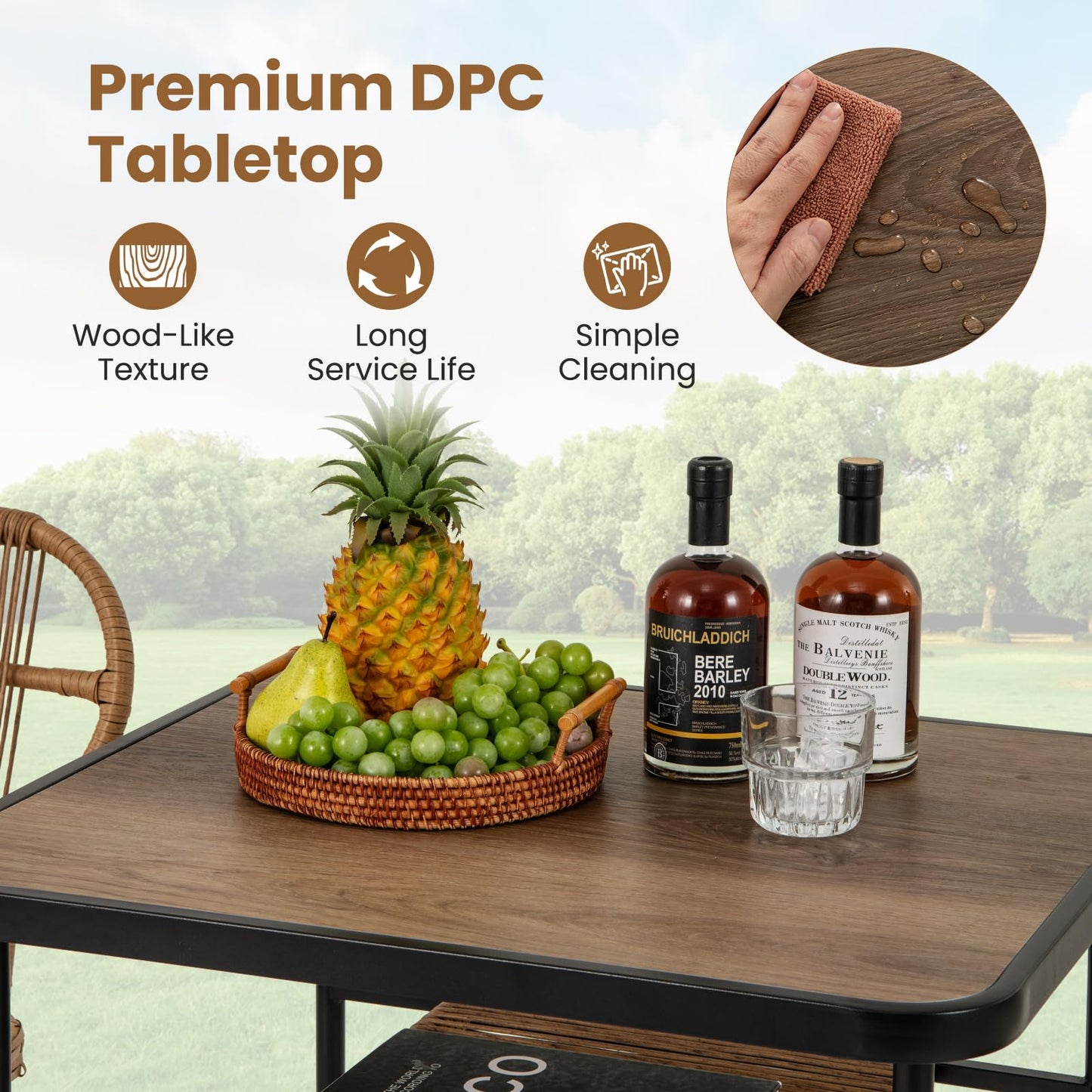 Outdoor Dining Table with 2 Varied-Size Stackable Rattan Chairs & Shelf