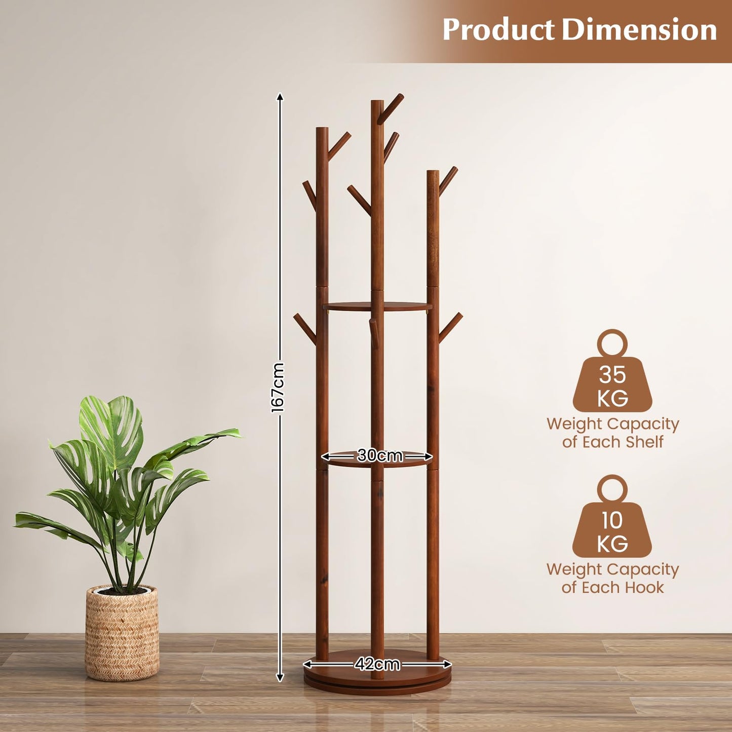 Freestanding Wooden Coat Rack Stand with 3 Display Storage Shelves and 9 Hooks