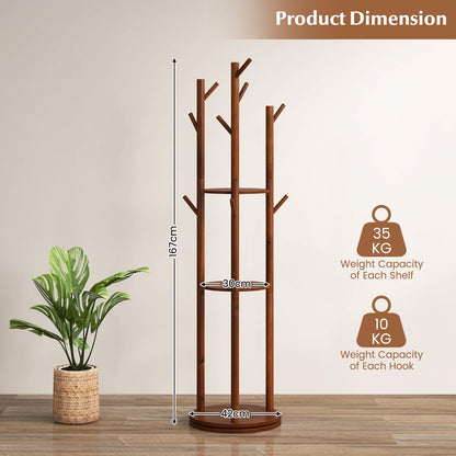 Freestanding Wooden Coat Rack Stand with 3 Display Storage Shelves and 9 Hooks