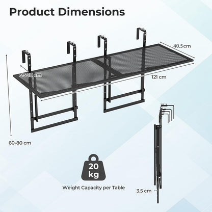 Set of 2 Hanging Balcony Table with 5-Level Adjustable Height for Round Square Railing