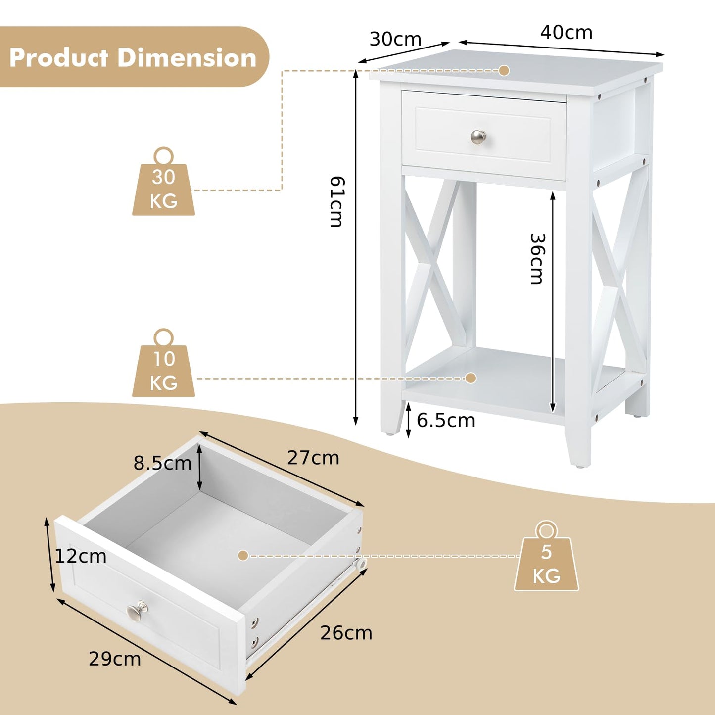 Modern X-Design Nightstand with Drawer and Bottom Storage Shelf