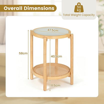 2-Tier Boho End Table with Tempered Glass Top for Living Room