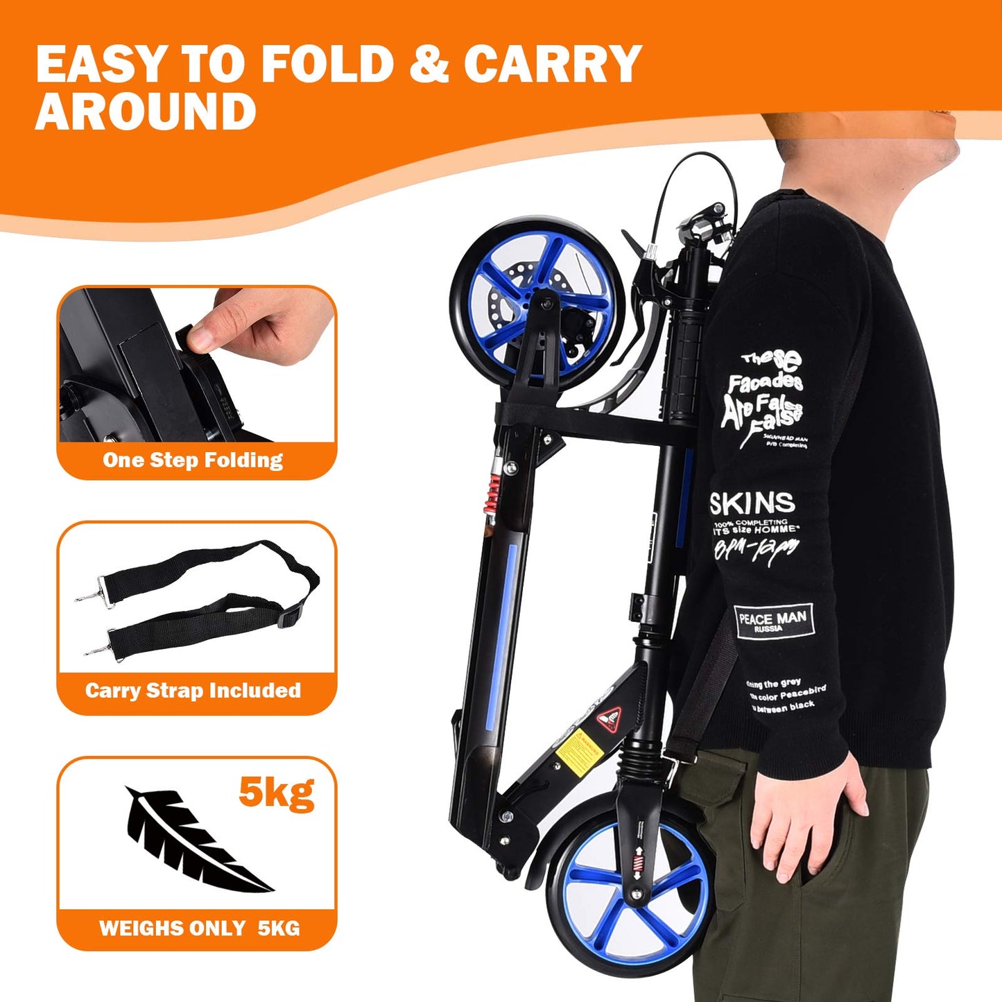 Folding Kick Scooter, 3 Heights Adjustable City Scooters with Big Wheels