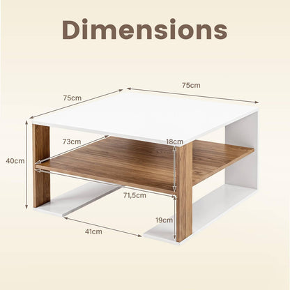 Wooden Square Coffee Table with Storage and Open Shelf for Living Room