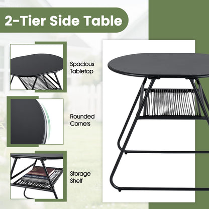 3 Piece Patio Bistro Set, Outdoor Dining Table with 2 Varied-Size Stackable Rattan Chairs & Shelf