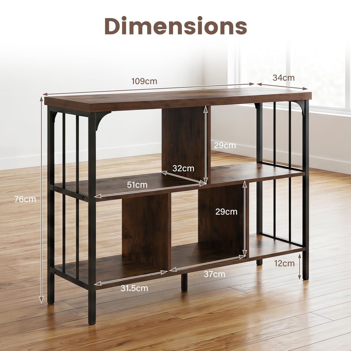 3-Tier Bookshelf with 2 Anti-Tipping Kits Metal Frame and Fencing