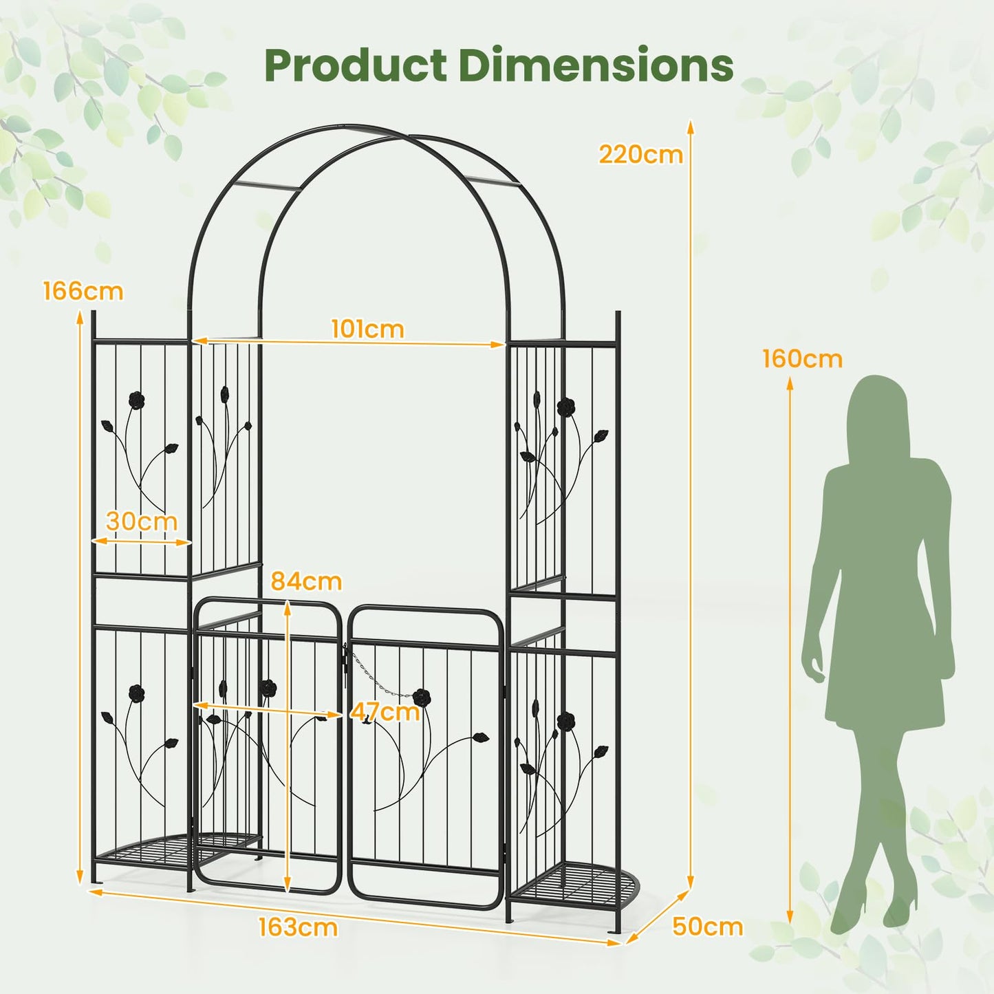 Garden Arch with Gate, Heavy Duty Plants Support Archway for Lawn Backyard Party