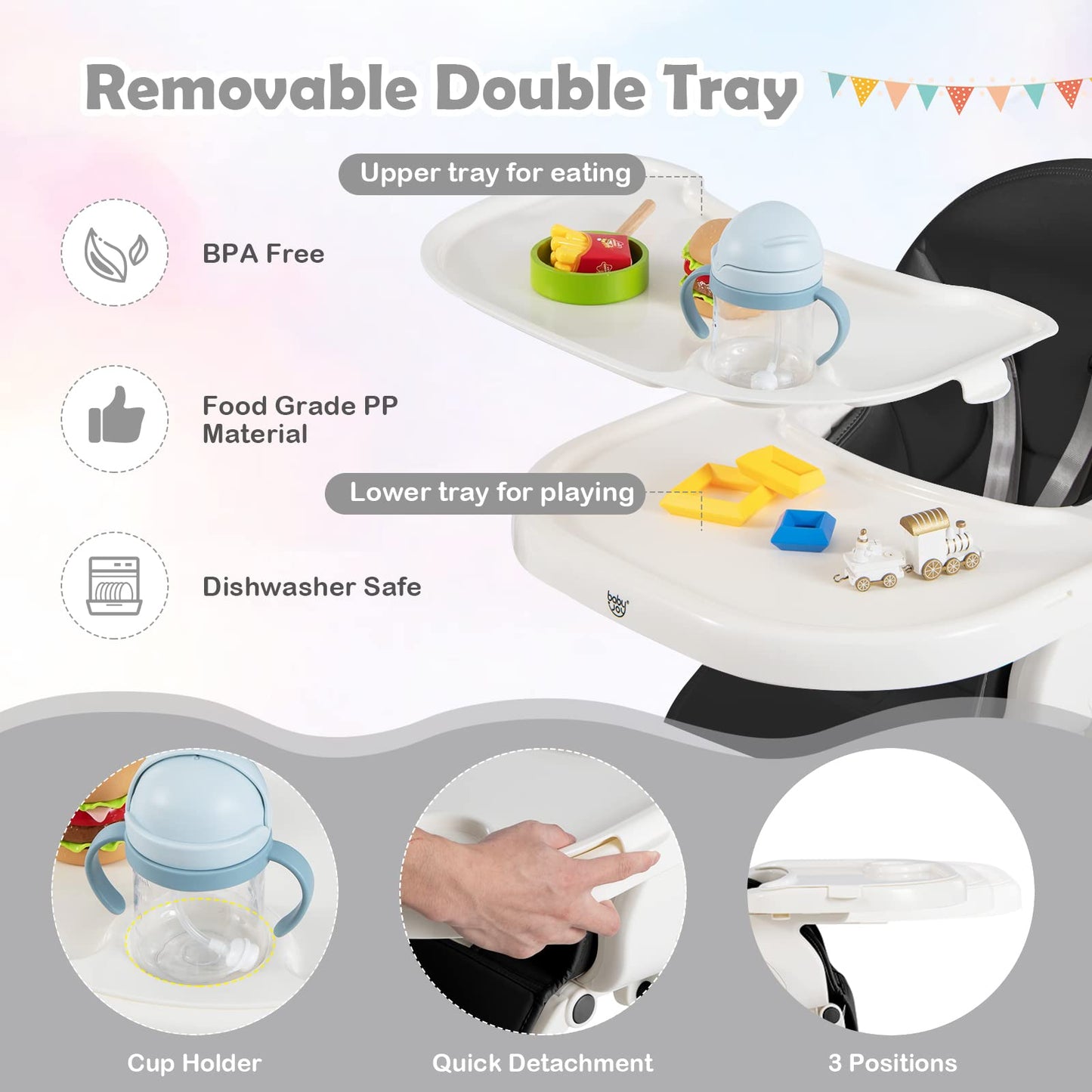 Foldable Reclining Infants High Chair with Removable Double Trays