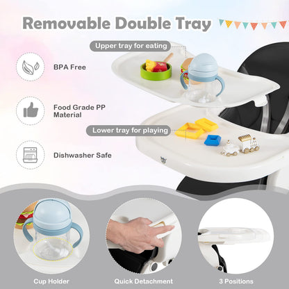 Foldable Reclining Infants High Chair with Removable Double Trays