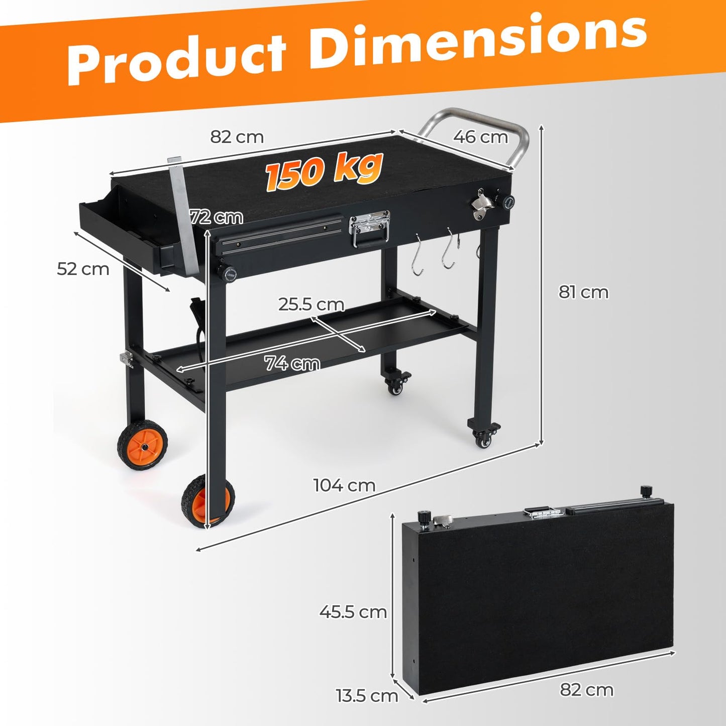 Portable Grill Table, Folding Grill Cart BBQ Prep Table with Heat-Resistant Mat