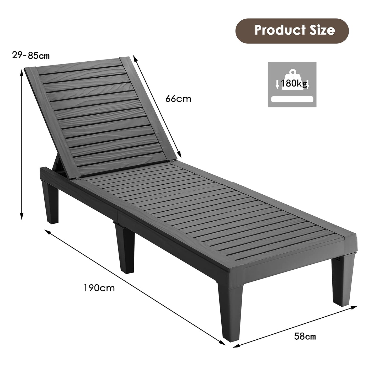 5 Positions Adjustable Outdoor Chaise Lounge Chair with Wood Texture Surface
