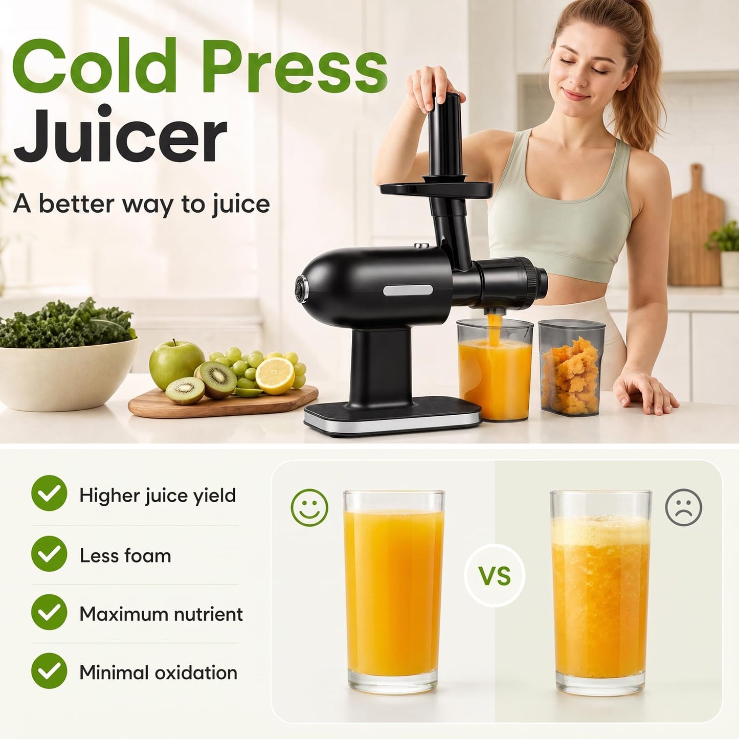 Cold Press Juicer Machine with Reverse Function, Pusher & Brush