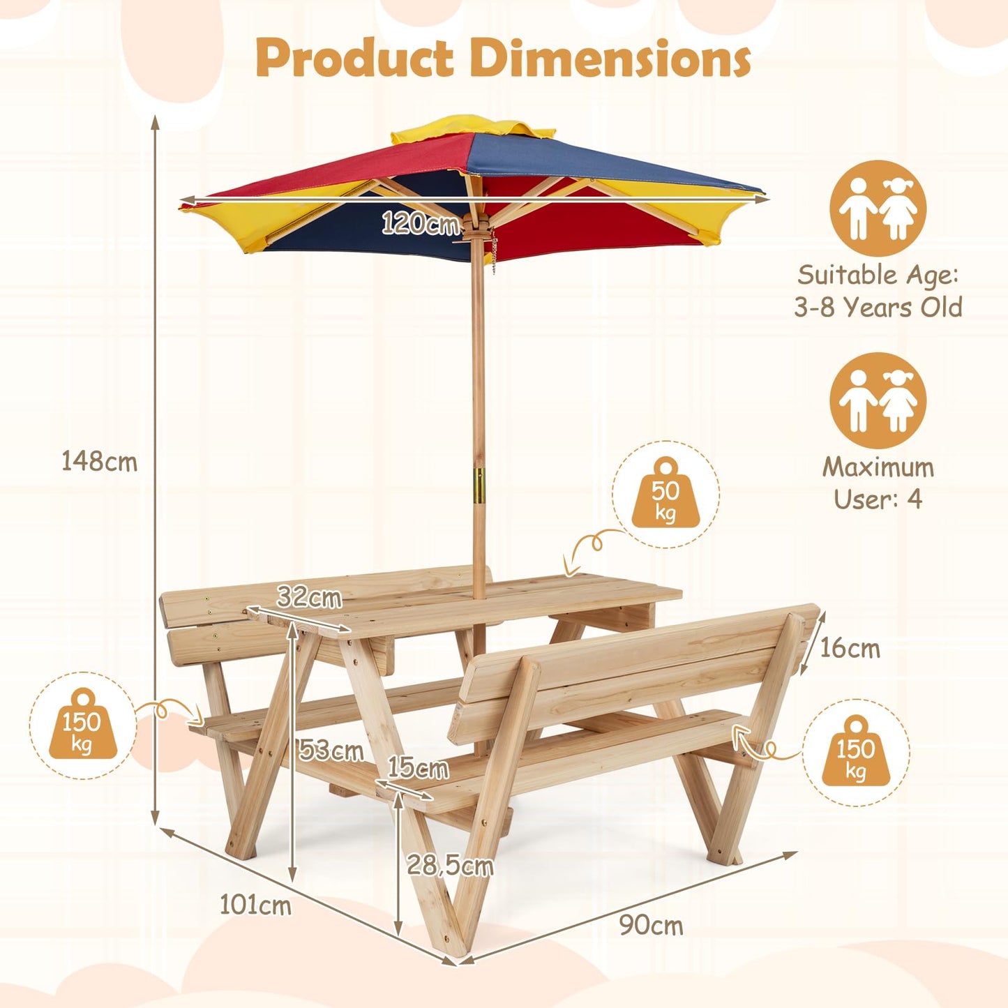 Kids Picnic Table Bench Set, Children 4 Seat Activity Play Table with Removable & Folding Umbrella