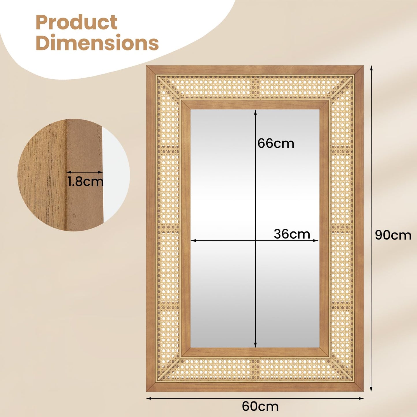 Rattan Decorative Wall Mirror, Large Wooden Frame Hanging Vanity Mirror