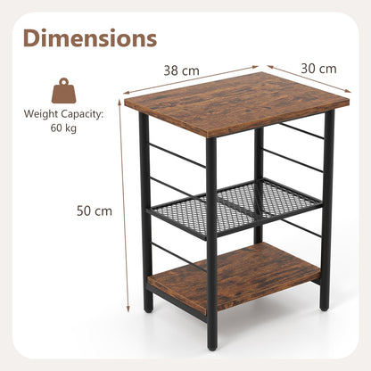 3 Tier Side Table with Height Adjustable Metal Mesh Shelf