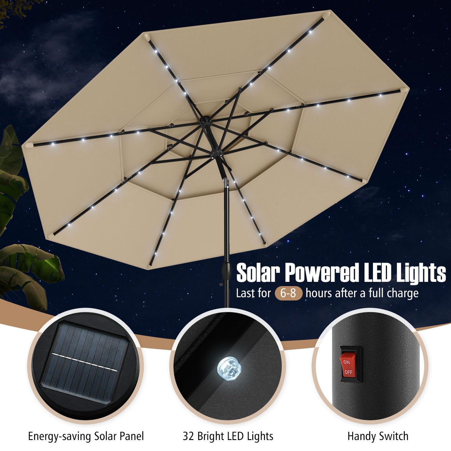 3M 3-Tier Heavy Duty 8-Ribs Solar Patio Umbrella with 32 LED Lights