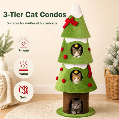 157.5 cm Christmas Cat Tree with 3 Cozy Condos and 2 Hanging Balls