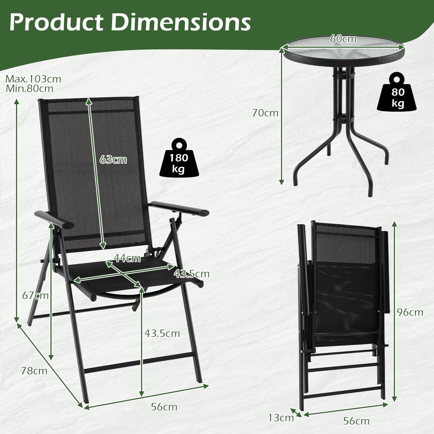 3 Piece Patio Bistro Set with Tempered Glass Coffee Table and Heavy Duty Metal Frame