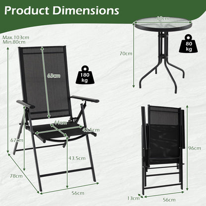 3 Piece Patio Bistro Set with Tempered Glass Coffee Table and Heavy Duty Metal Frame
