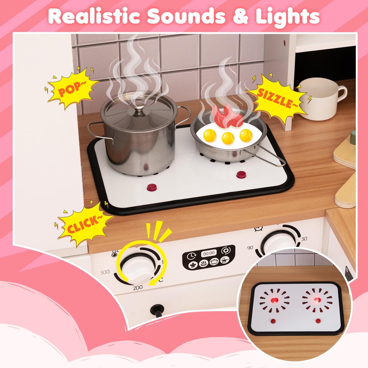 Wooden Corner Play Kitchen with Pine Wood Legs and Lights & Sounds