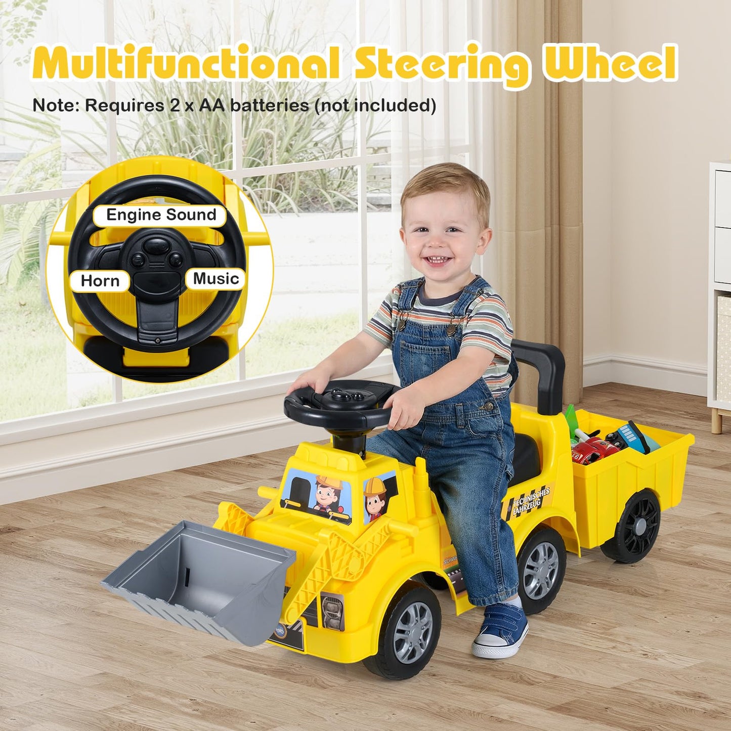 Kids Ride on Excavator, No Power Toddler Digger Ride on Push Car with Shovel