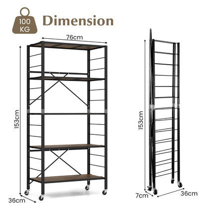 GiantexUK 3/4/5-Tier Storage Cart, Foldable Metal Frame Shelving Unit with Wheels, Adjustable Shelves & Anti-Tipping Device