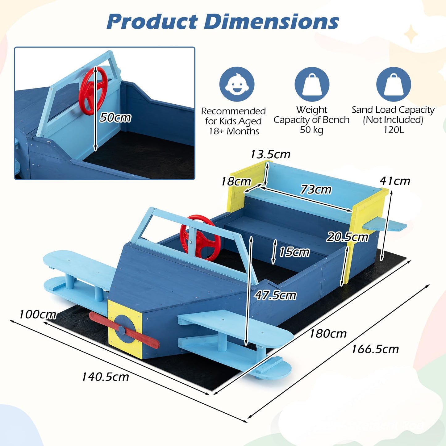 Wooden Kids Sandpit, Glider-Shape Sand Box with Bench Seat, Propeller, Rotatable Rudder