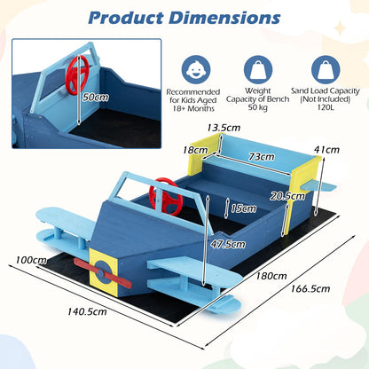 Wooden Kids Sandpit, Glider-Shape Sand Box with Bench Seat, Propeller, Rotatable Rudder