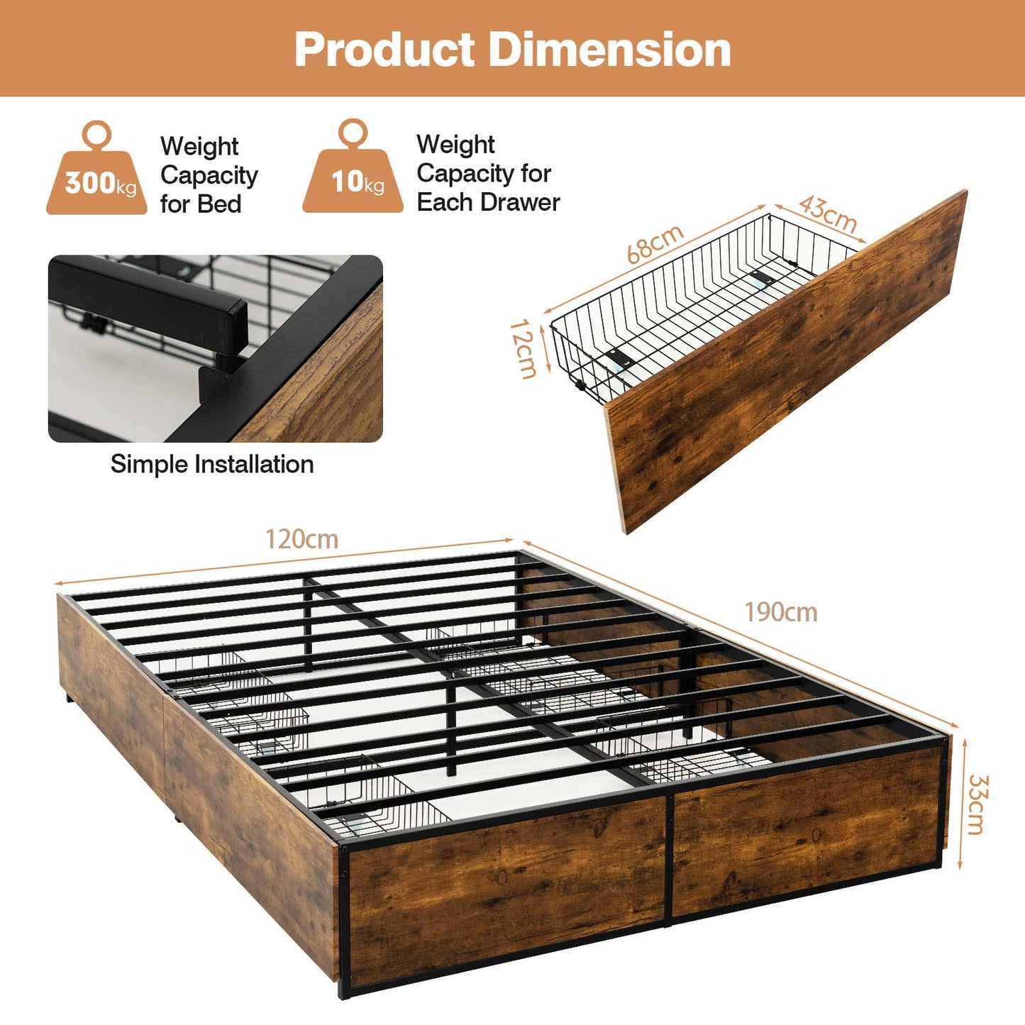 4FT Double Metal Bed Frame with 4 Underbed Drawers (190 x 120 x 33cm)