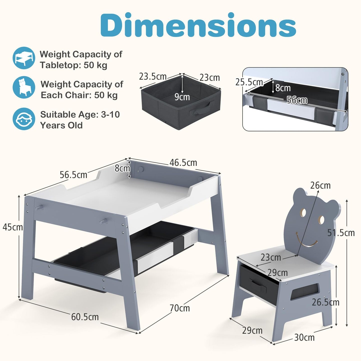 Kids Table and Chairs, Multifunctional Activity Desk with Chalkboard & Whiteboard