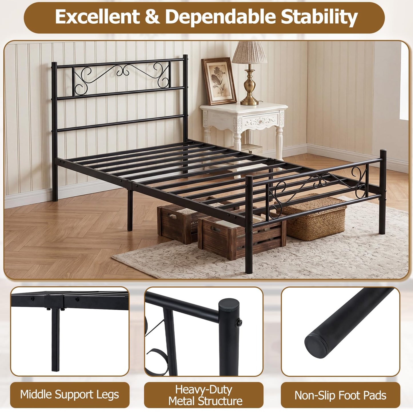 3ft Single Bed Frame, Metal Platform Bed Base with Floral Headboard