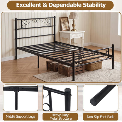 3ft Single Bed Frame, Metal Platform Bed Base with Floral Headboard