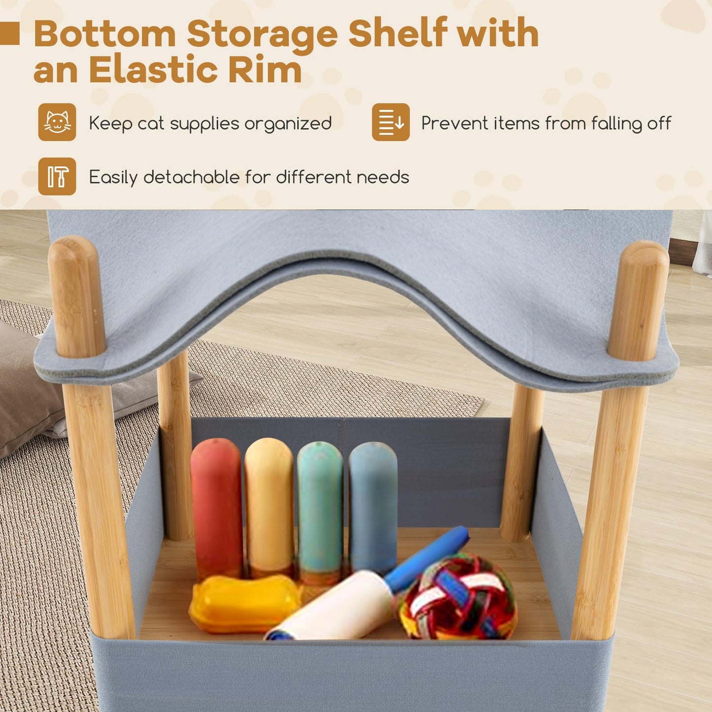 Elevated Cat Bed 2-tier Bamboo Frame Cat House with Dual-Layer Felt Fabric Top