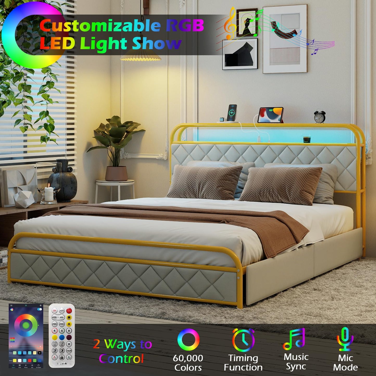 5FT King Size Bed Frame with RGB LED Lights, Charging Station