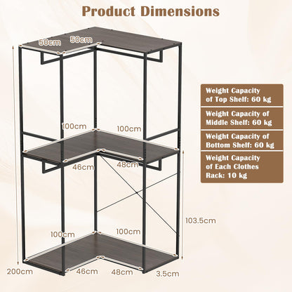L-Shaped Metal Clothes Rail, 200cm Tall Corner Garment Clothes Rack