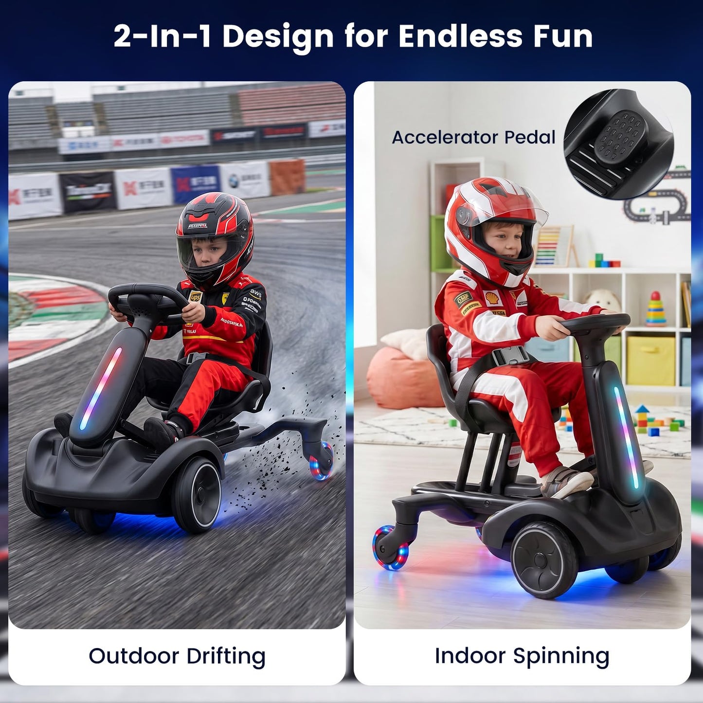 Ride on Drift Car for Kids 2-In-1 Go Kart with Adjustable Seat Sound LED Lights